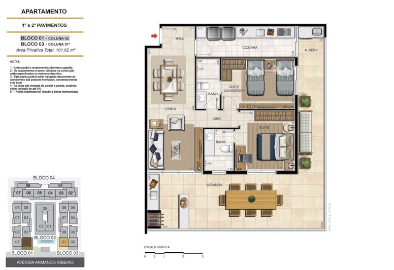 Planta do apartamento Apartamento Coluna 2, 2 quartos (2 suítes), 101,62 m² - Deck Ocean Resort