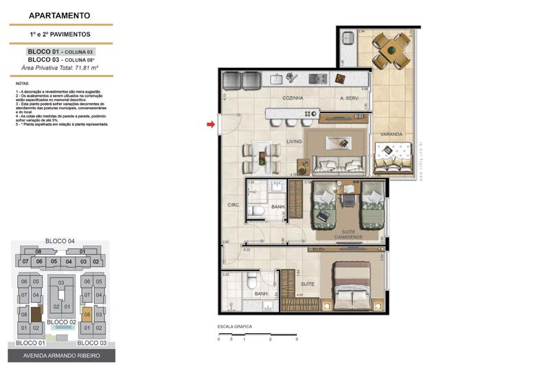 Planta do apartamento Apartamento Coluna 3, 2 quartos (2 suítes), 71,81 m² - Deck Ocean Resort