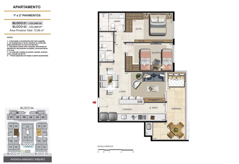 Planta do apartamento Apartamento Coluna 4, 2 quartos (1 suíte), 72,66 m² - Deck Ocean Resort