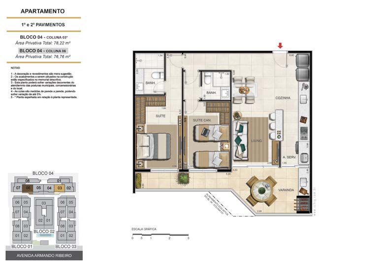 Planta do apartamento Apartamento Coluna 6, 2 quartos (2 suítes), 76,76 m² - Deck Ocean Resort