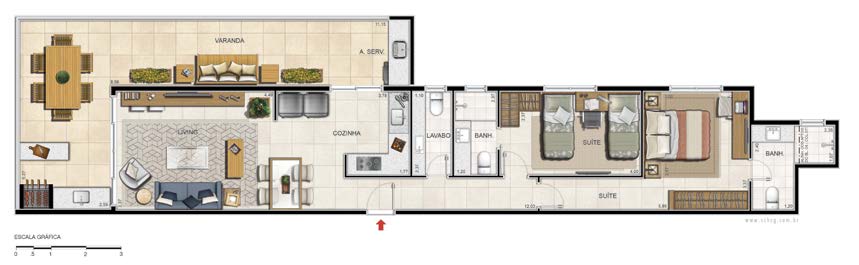 Planta do apartamento Apartamento Coluna 7, 2 quartos (1 suíte), 84,80 m² - Deck Ocean Resort