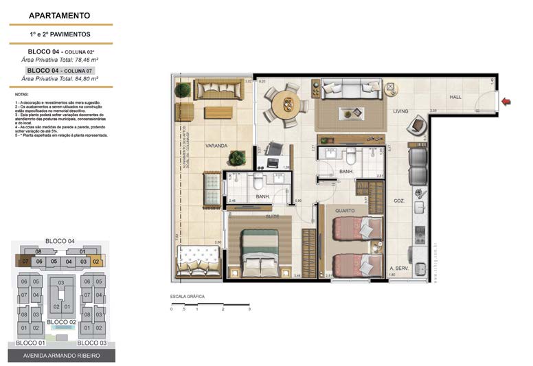 Planta do apartamento Apartamento Coluna 8, 2 quartos (2 suítes), 104,39 m² - Deck Ocean Resort