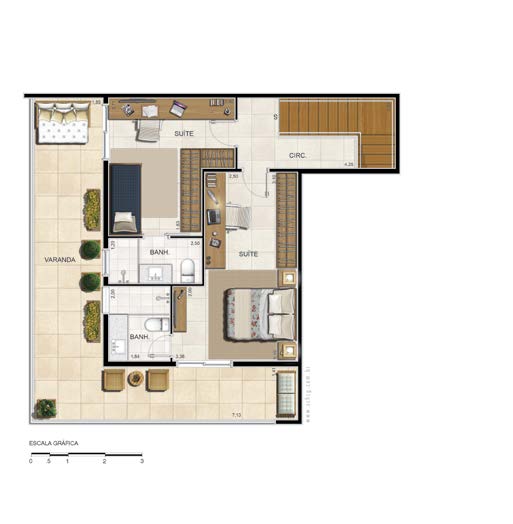 Planta do apartamento Cobertura Coluna 2, 4 quartos com piscina e terraço, 312,65 m² - Deck Ocean Resort