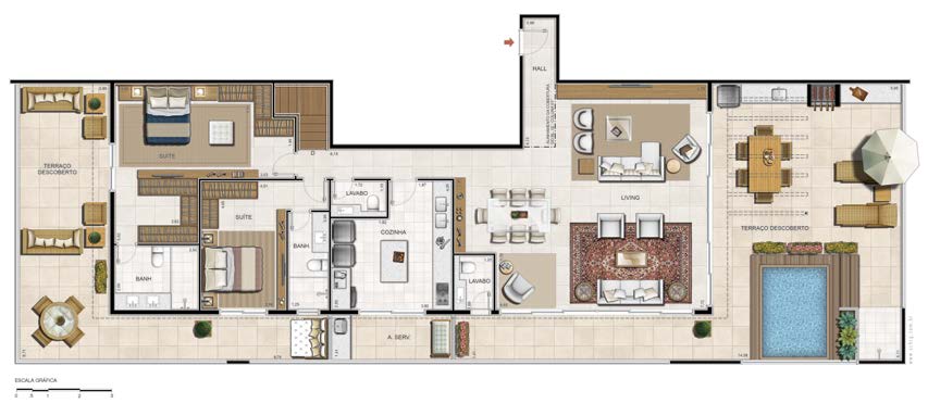Planta do apartamento Cobertura Coluna 2 - 2º pavimento, Dependências da cobertura, 71,18 m² - Deck Ocean Resort
