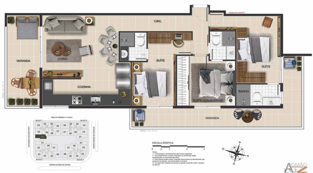 Planta do apartamento Apartamento Coluna 01, 3 quartos (3 suítes) - Green View Residences