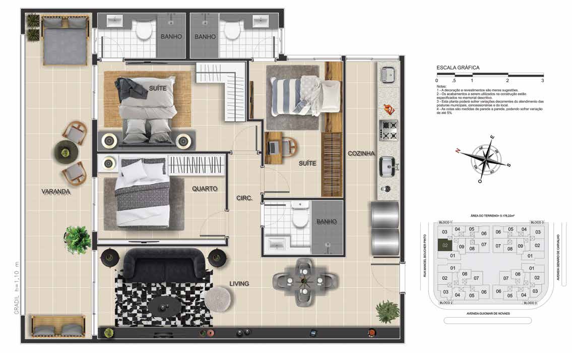 Planta do apartamento Apartamento Coluna 02, 3 quartos (2 suítes) - Green View Residences