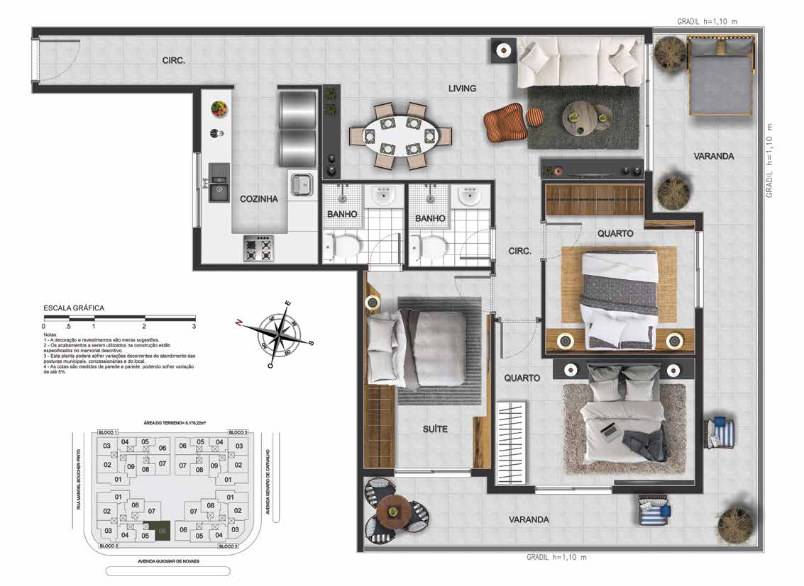 Planta do apartamento Apartamento Coluna 06, 3 quartos (1 suíte) - Green View Residences