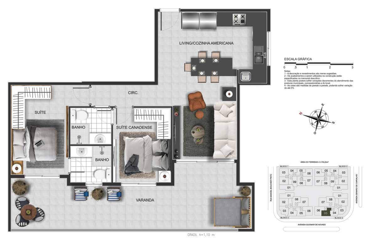 Planta do apartamento Apartamento Coluna 03, 3 quartos (2 suítes) - Green View Residences