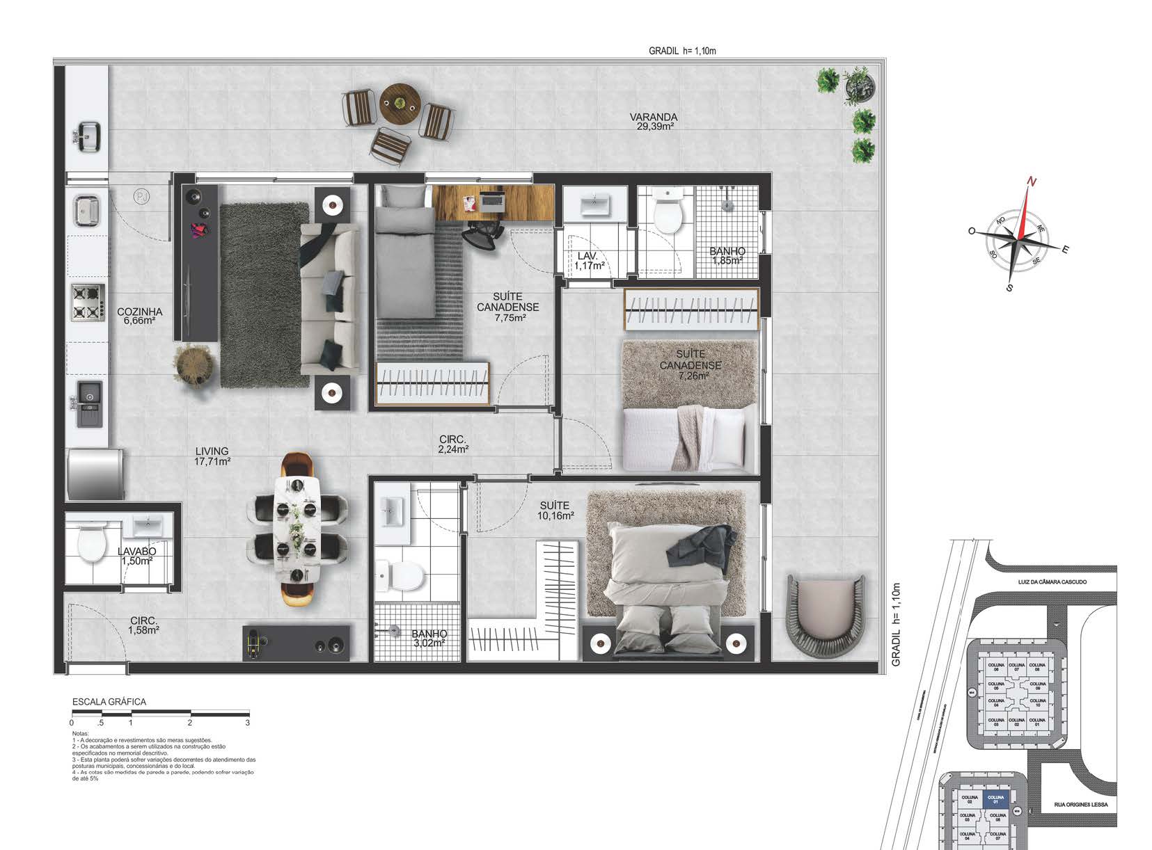 Planta do apartamento 3 suítes, 3 suítes, 99,51 m² - Pacific Way Residences
