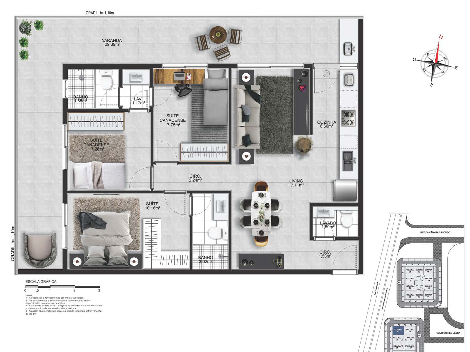 Planta do apartamento 3 suítes, 3 suítes, 99,51 m² - Pacific Way Residences