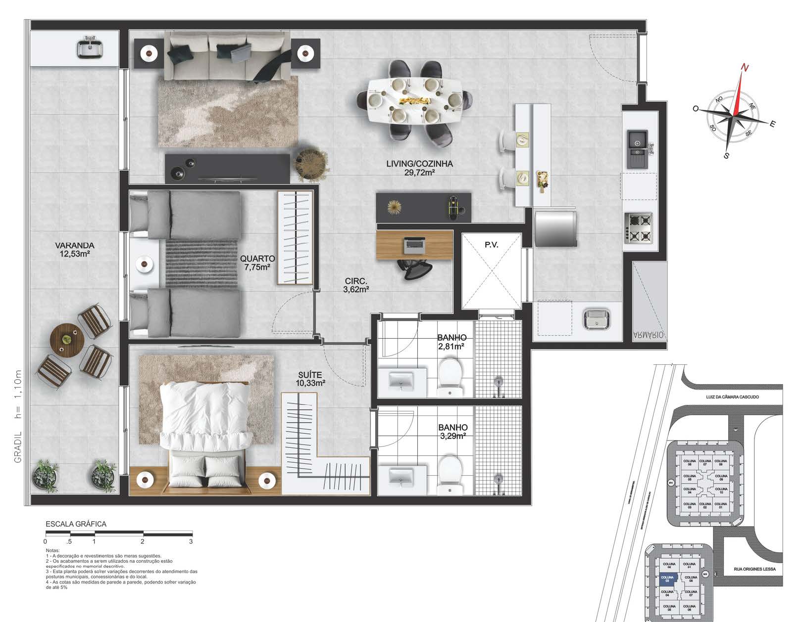 Planta do apartamento 3 suítes, 3 suítes, 99,51 m² - Pacific Way Residences