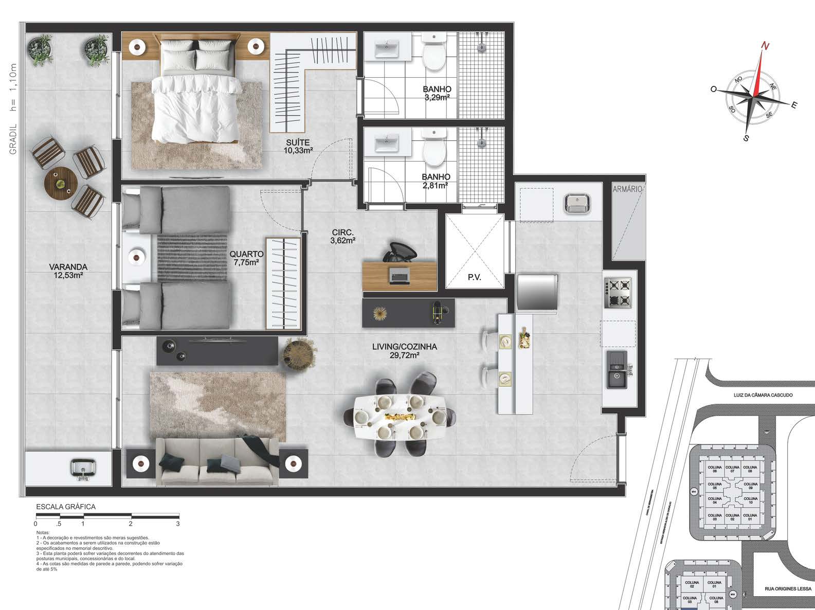 Planta do apartamento 3 suítes, 3 suítes, 99,51 m² - Pacific Way Residences